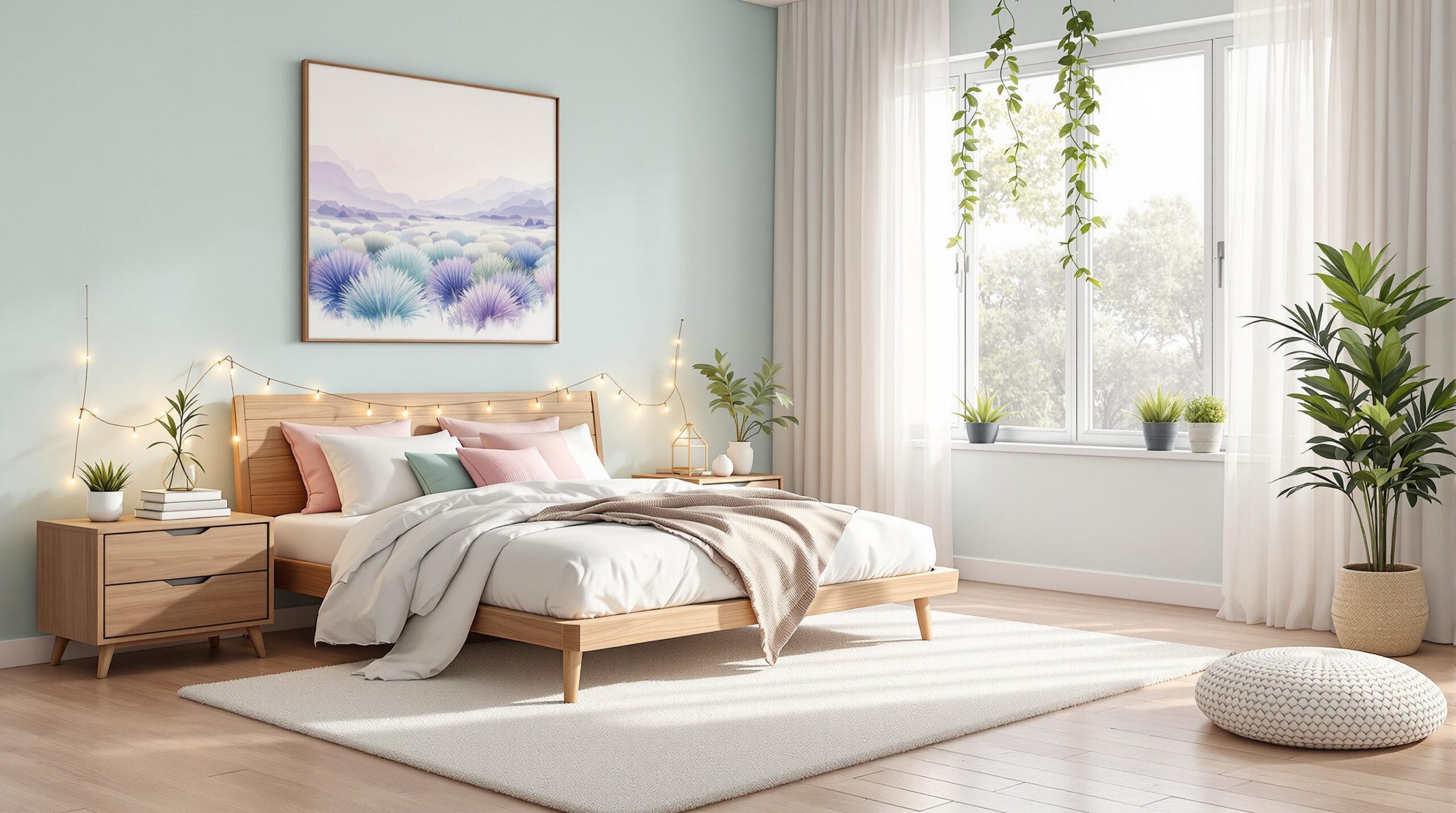 rustige slaapkamer met blauw interieur en comfortabel bed