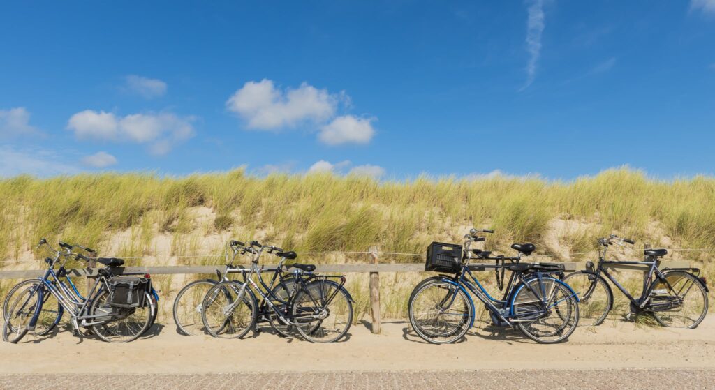 rij fietsen geparkeerd langs weg met open landschap en lucht