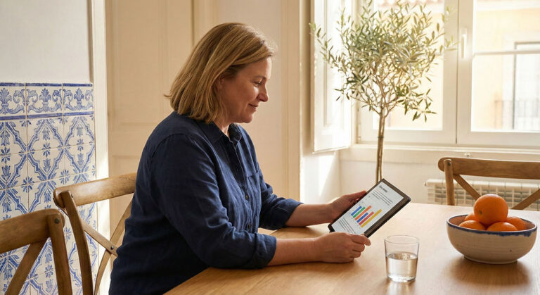 vrouw gebruikt tablet aan tafel met fruit in huiselijke setting