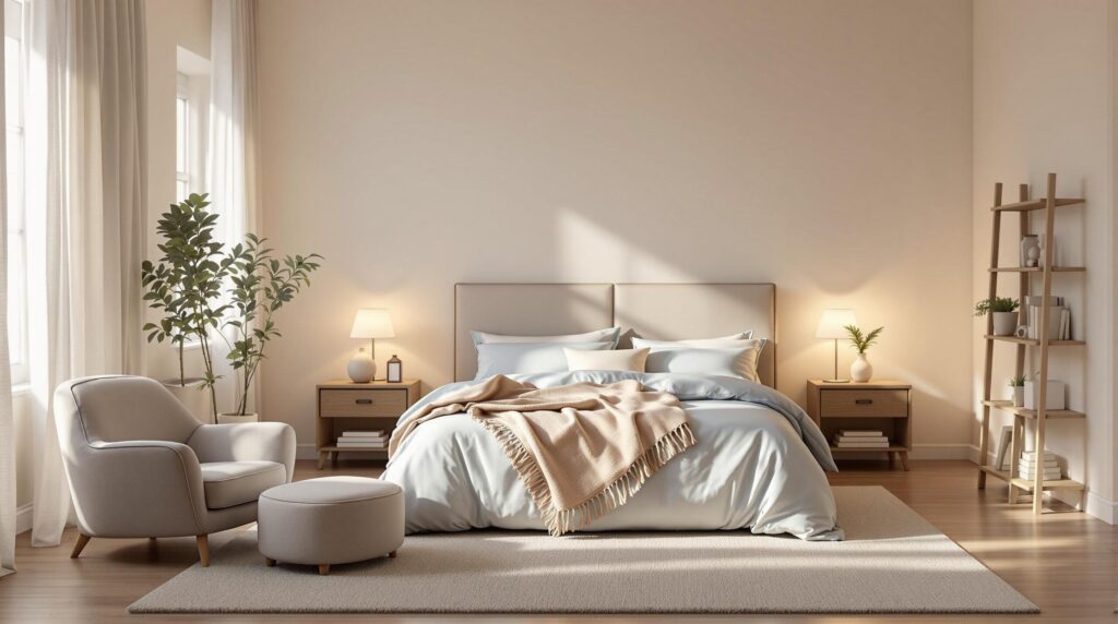 rustige slaapkamer met bed, planten en warme verlichting