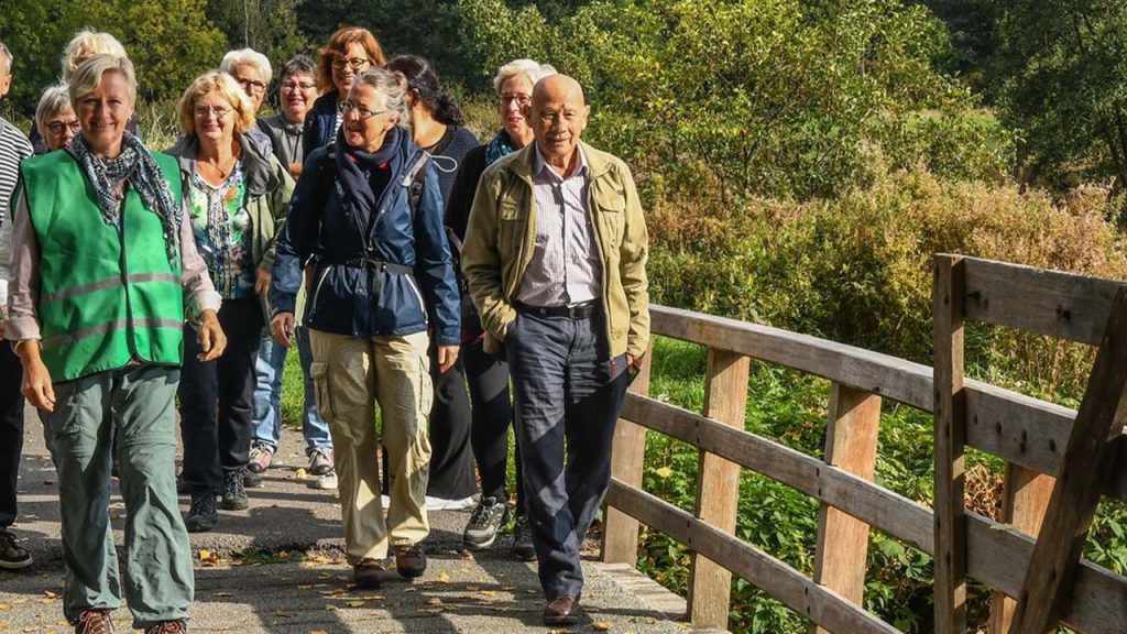 Groep wandelt over een houten brug in een groene omgeving