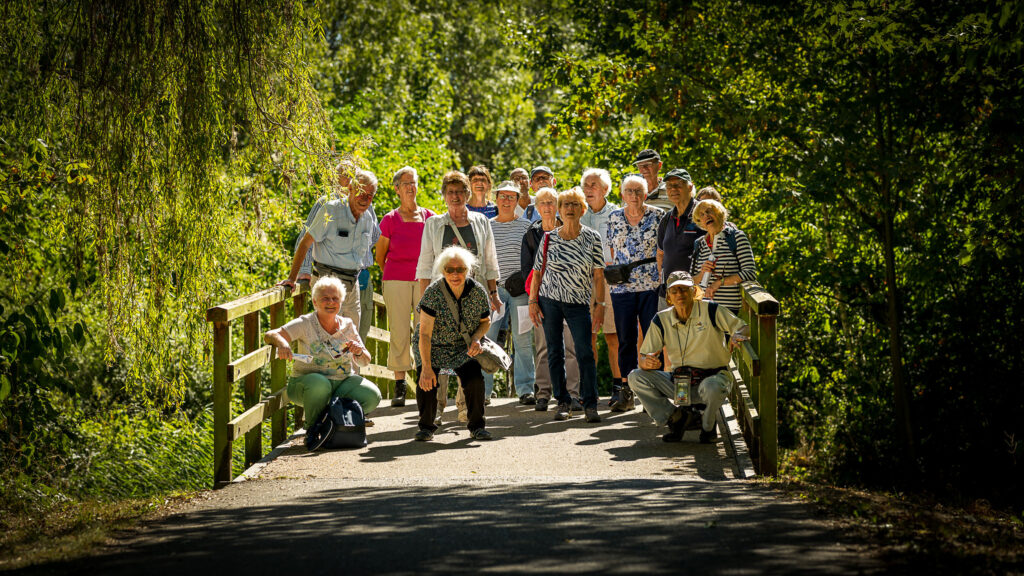 Groep ouderen die samen wandelen in een bosrijke omgeving